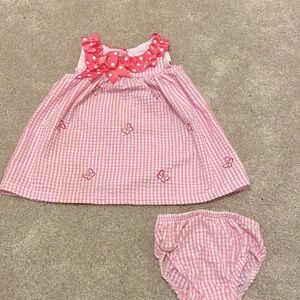 Baby girl pink dress with butterflies and ribbon neckline 3-6M